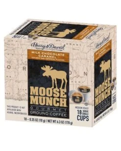 Harry & David Milk Chocolate Caramel Moose Munch Single-Serve Coffee 4/18 Count -Miscela Coffee Shop harry david milk chocolate caramel moose munch single serve coffee 4 box 72 ct