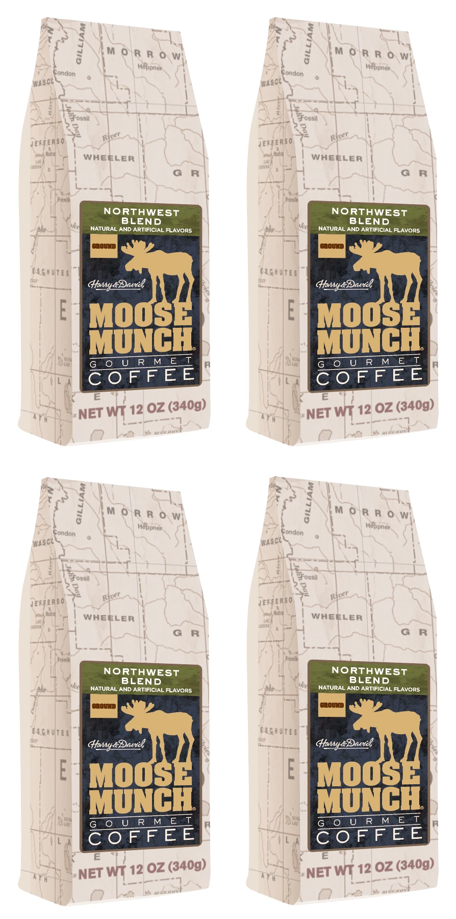 Harry & David Northwest Blend Moose Munch Ground Coffee - 4 Bags (12 Oz Each) 1 Harry & David Northwest Blend Moose Munch Ground Coffee - 4 Bags (12 Oz Each)